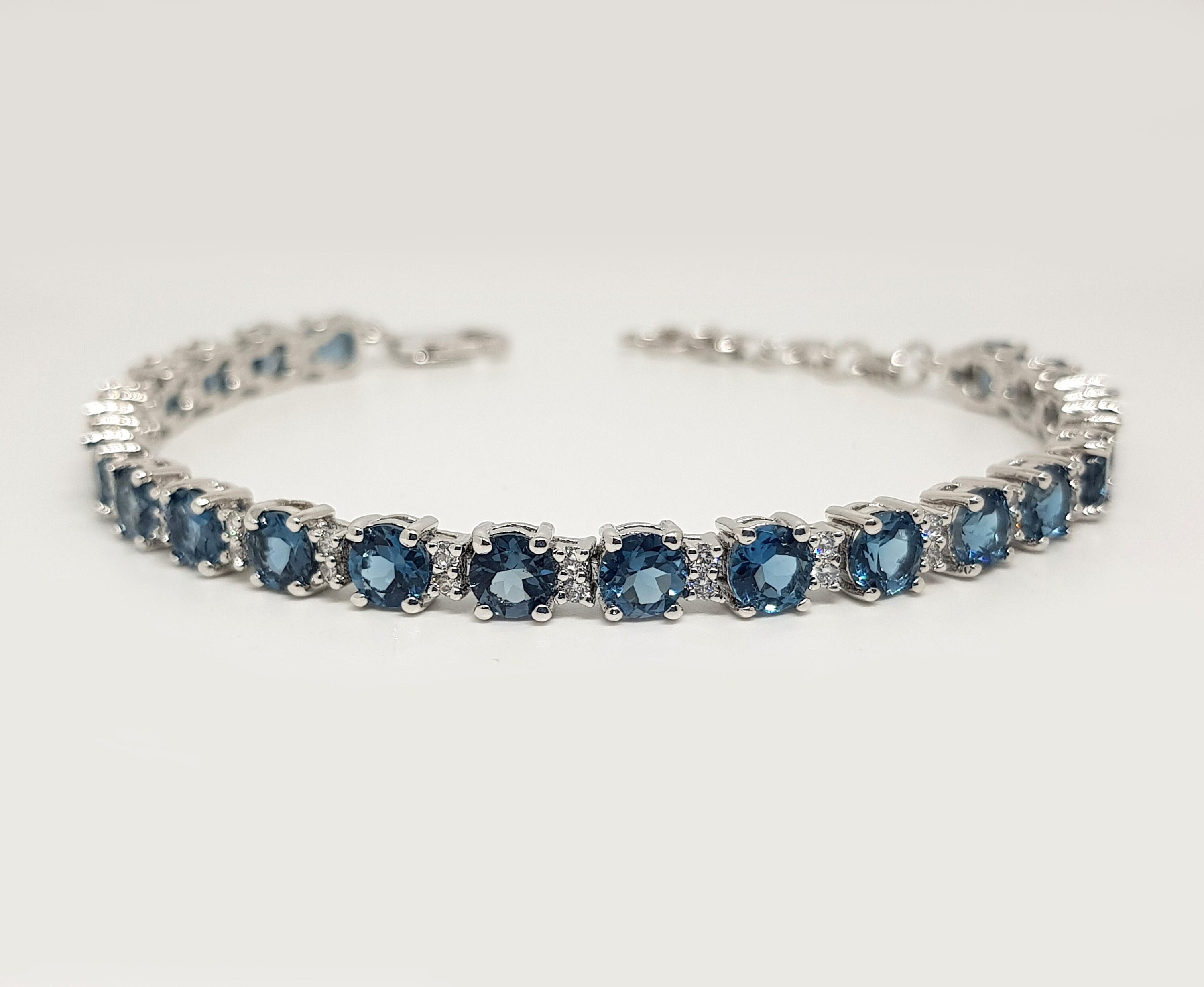 11.25 Caratsロンドンブルートパーズテニスブレスレットスターリングシルバーラウンドカット | 新宿銀の蔵 7.4～8.8mm玉 ロンドンブルートパーズ ブレスレット 長さ約17.5cm (メンズM レディースL サイズ)  宝石鑑別書付き 誕生石 11月 | ブレスレット 通販