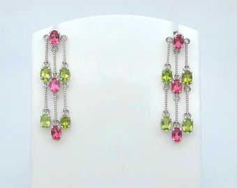 Natural Peridot & Pink Topaz Long Dangle Earrings | Handmade Silver Gemstone Jewelry for Women