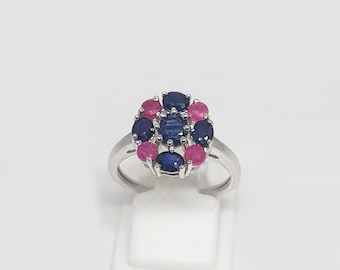 Ring met robijn en blauwe saffier: ovale multisteen, 925 sterlingzilver