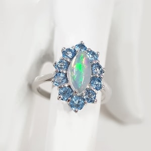 Natural Ethiopian Opal Swiss Blue Topaz Ring in 925 Sterling Silver , Marquise Opal Silver Ring ,Birthstone, Anniversary ,Rings For Women