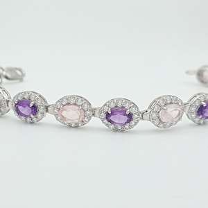 Natural Amethyst-Rose Quartz Bracelet With CZ in 925 Sterling Silver ,Natural Gemstones Multicolor Bracelet for Women, Gift ,Silver Jewelry