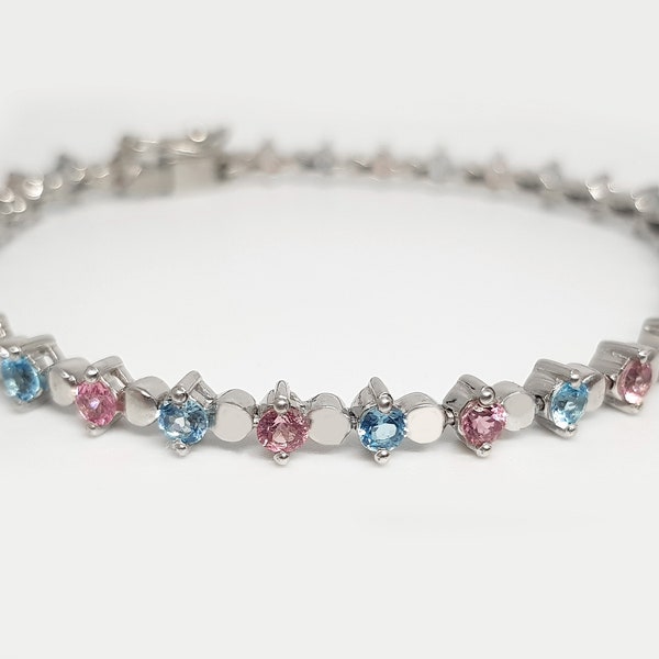 Natural Tourmaline-Swiss Blue Topaz Bracelet in 925 Silver I  Round Tennis Bracelet I Multistone Jewelry I Handmade  I Wedding Jewelry