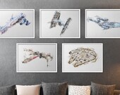 Set of 5 Spaceship Prints Iconic Sci-Fi Spacecrafts Watercolor Print Wall Art Star Wars X-wing Enterprise Mass Effect