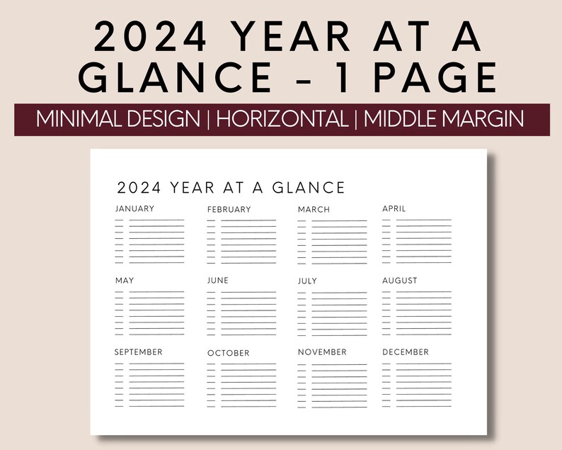2024 Year at A Glance, Calendar on One Page, 2024 Printable, A4 A5