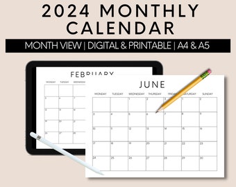 2024 Kalender Printable, Jahreskalender, Minimal 2024 Kalender, Monat auf einen Blick, Planer Printable, Digitaler Kalender, Monatskalender