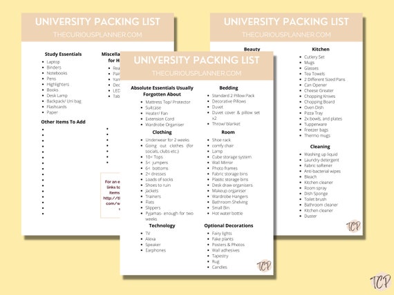 university packing list printable packing checklist etsy
