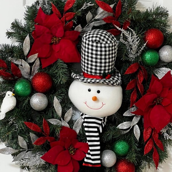 Snowman Christmas Wreath, Holiday Door Decor