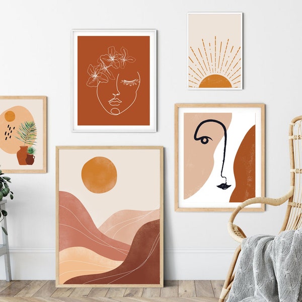 Boho Art Set of 5 Prints Bundle, Wall decor, Line Art Gallery Wall Printable, Abstract Landscape Poster Set, Line Art Face Print, Boho Wall