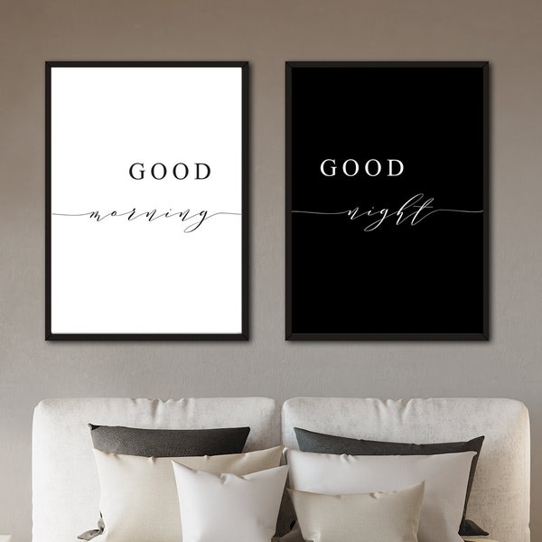 Good Morning Good Night Wall Art, Good Morning Sign, Bedroom Prints, Day and Night, Black and White, Couple, Motivational, Over the bed