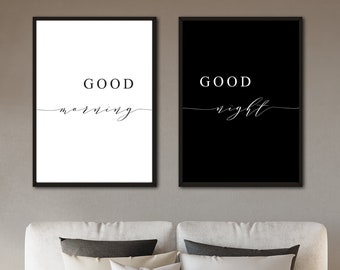 Good Morning Good Night Wall Art, Good Morning Sign, Bedroom Prints, Day and Night, Black and White, Couple, Motivational, Over the bed