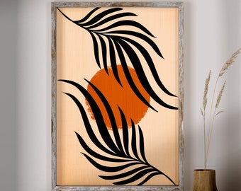 Abstrakte Botanische Wandkunst, Blätter und Sonne, Mid Century Modern, Blätter Druck, abstrakte Kunst, neutrale Wanddekoration, Boho Wandkunst, Botanische Kunst
