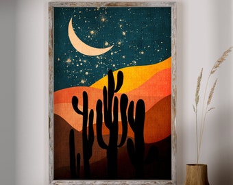 Desert Wall Art, Printable Cactus, Desert Night Scenery, Desert Landscape, Arizona Print, Desert Sunset, Printable Wall Art, Burnt Orange