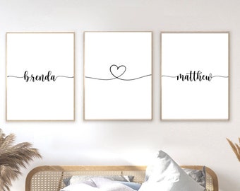 Couple Names Bedroom Wall Art Set of 3, Printable Bedroom Wall Art, Nom personnalisé, Custom Name Print Set, Heart Font, Cadeau de pendaison de crémaillère