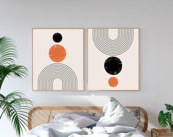 Mid Century Boho Modern Wall Art Print Set of 2, Abstract  Neutral Geometric Printable, Black White Orange Poster Bundle 2