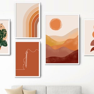 May include: Set of five abstract wall art prints in a minimalist style. The prints feature a variety of shapes and colours, including orange, brown, and white. The prints are perfect for adding a touch of modern style to any room.