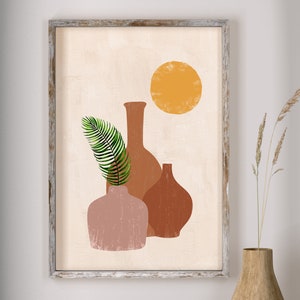 Pottery Wall Art Print / Minimalist Plant Art, Tropical Art Palm Leaf Vase Art Imprimible, Terracotta Wall Art, Boho Clay Pottery Poster