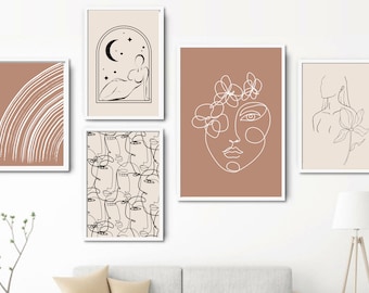 May include: Set of five minimalist line art prints in white frames. The prints feature abstract designs of faces, a crescent moon, and a flower.