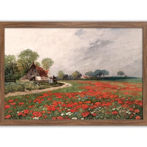 May include: A painting depicting a rural scene with a farmhouse featuring a red roof in the foreground. The farmhouse is surrounded by a field of red poppies, with a dirt track leading away from the house. The sky is overcast and grey.