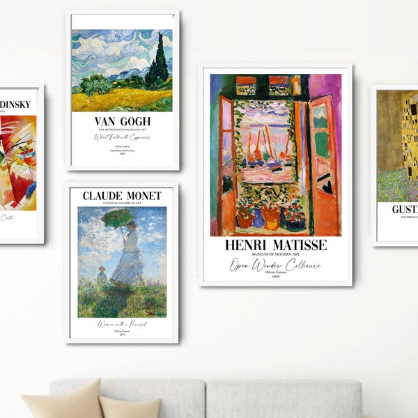 Famous Paintings Printable Set, Boho Art Set of 5 Prints Bundle, Wall decor, Matisse Printable, Van Gogh, Kandinsky, Klimt, Monet, Wall Art