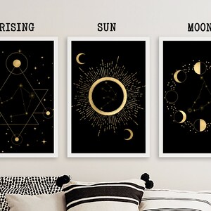 Rising Sun Moon Sternzeichen Wandkunst, Sternbild Trio, Schwarz und Gold, Celestial, Sternzeichen Druck, Personalisierter Sternzeichen Druck, Astrologie Druck