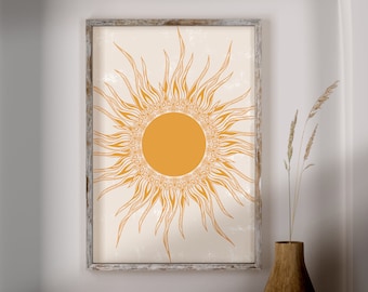Arte de la pared del sol imprimible, ilustración de la ráfaga del sol, sol del mandala, impresión del sol dibujado a mano, impresión abstracta del sol, cama sobre impresión, arte de la pared boho