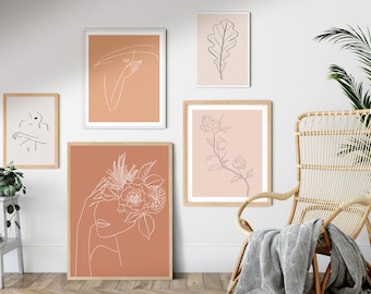 Boho Art Set of 5, Neutral Botanical Wall Art, Minimal Wall Art, Abstract Leaves, Printable Art, Home Decor, Beige Wall Decor