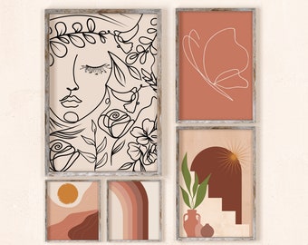 Wall Art Set of 5, Abstract Boho Art Set of 5 Prints Bundle, Terracotta Prints, Line Art Set, Boho Decor, Rainbow Printable