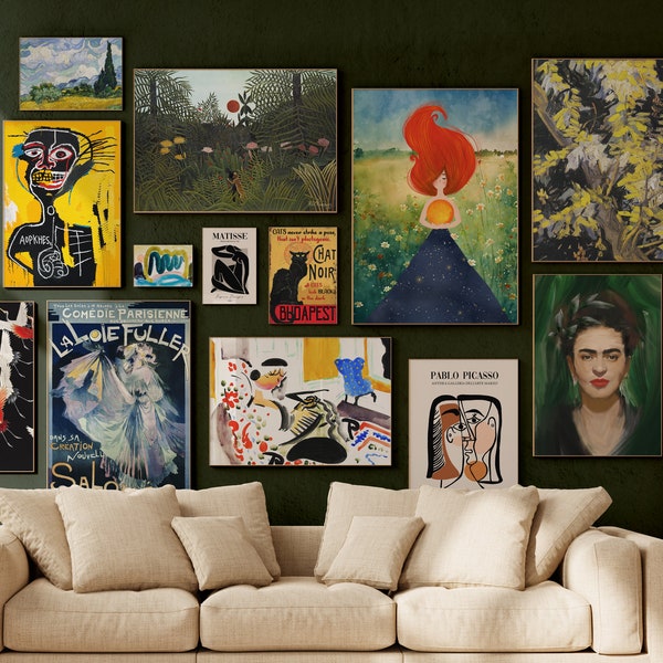 Eklektische Wandkunst 17er Set, Maximalist, Boho Wall Art, Pop Art, Picasso, Frida, Matisse, Poster Set, Basquiat