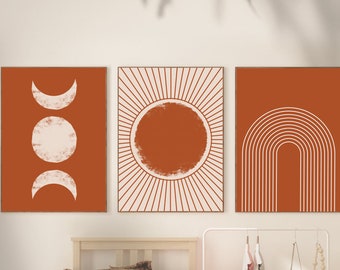 Sun and Moon and Rainbow Set of 3 Printable Wall Art, Terrracotta Wall Art, Burnt Orange Wall Decor, Printable Wall Art, Mid Century Modern