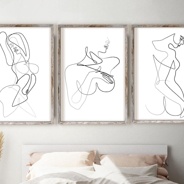 Nude Line Art Set of 3 Prints, Nude Wall Art, One Line Female Wall Art Printable, Modern Minimalist Triptych, Bedroom Wall Art Printable