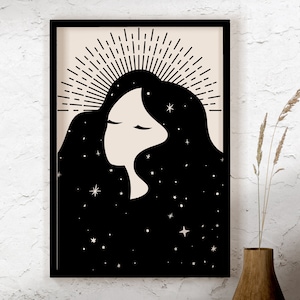 May include: A black and white illustration of a woman with her eyes closed. Her hair is flowing and filled with stars. A sunburst is above her head.