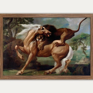 Vintage Lion attacking a Horse  Painting Wall Art, Vintage Decor, Curated Art, Oil Painting, George Stubbs, Antique Victorian Decor