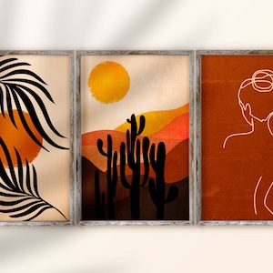 Boho Wall Art Set of 3, Gallery Wall Set of 3, Wall Decor, Burnt Orange, Line Art Body, Black Leaves, Terracotta, Burnt Orange