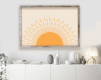 Boho Sun Print Horizontal, Yellow Sun Poster, Sun Wall Decor, Bedroom Poster, Sunset Print, Vintage Sun Print, Sun Poster