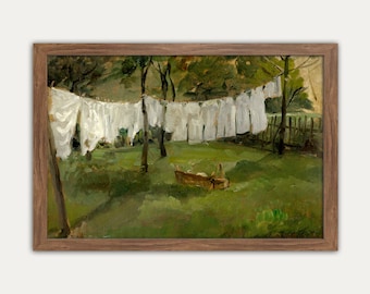 Vintage Laundry Art, Laundry Painting, Farmhouse Laundry, Printable Vintage Wall Art, Country Art Print, Oil Painting, Cottage, Rustic