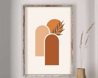 May include: Abstract art print featuring a peach, orange, and brown colour scheme. The print depicts two rounded arches with a sun and a green leaf branch in the top right corner.