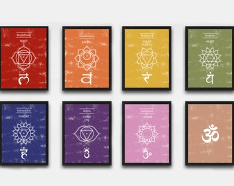 7Er Set Chakra Prints, Yoga Wandkunst Set von 8 Poster | Yoga Wanddekoration, Pranava Wanddekoration, Yoga Poster, Yoga Wandkunst, 7 Chakren, Yoga Geschenk