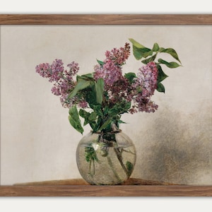 Arte de pared lila, Lilas púrpuras en un jarrón, Naturaleza muerta, Estampado floral vintage, Bodegón floral, Estampado lila vintage, Estampado de arte lila, Lavanda