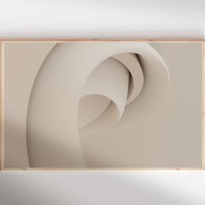 May include: Abstract art print featuring a beige and white swirling pattern in a wooden frame.