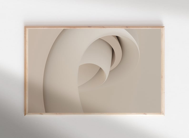 May include: Abstract art print featuring a beige and white swirling pattern in a wooden frame.