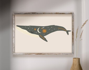 Boho Whale Wall Decor, Printable Whale Wall Art, Whale Art Print, Sun and Moon Printable, Whale Wall Art, Zodiac Celestial Wall Art