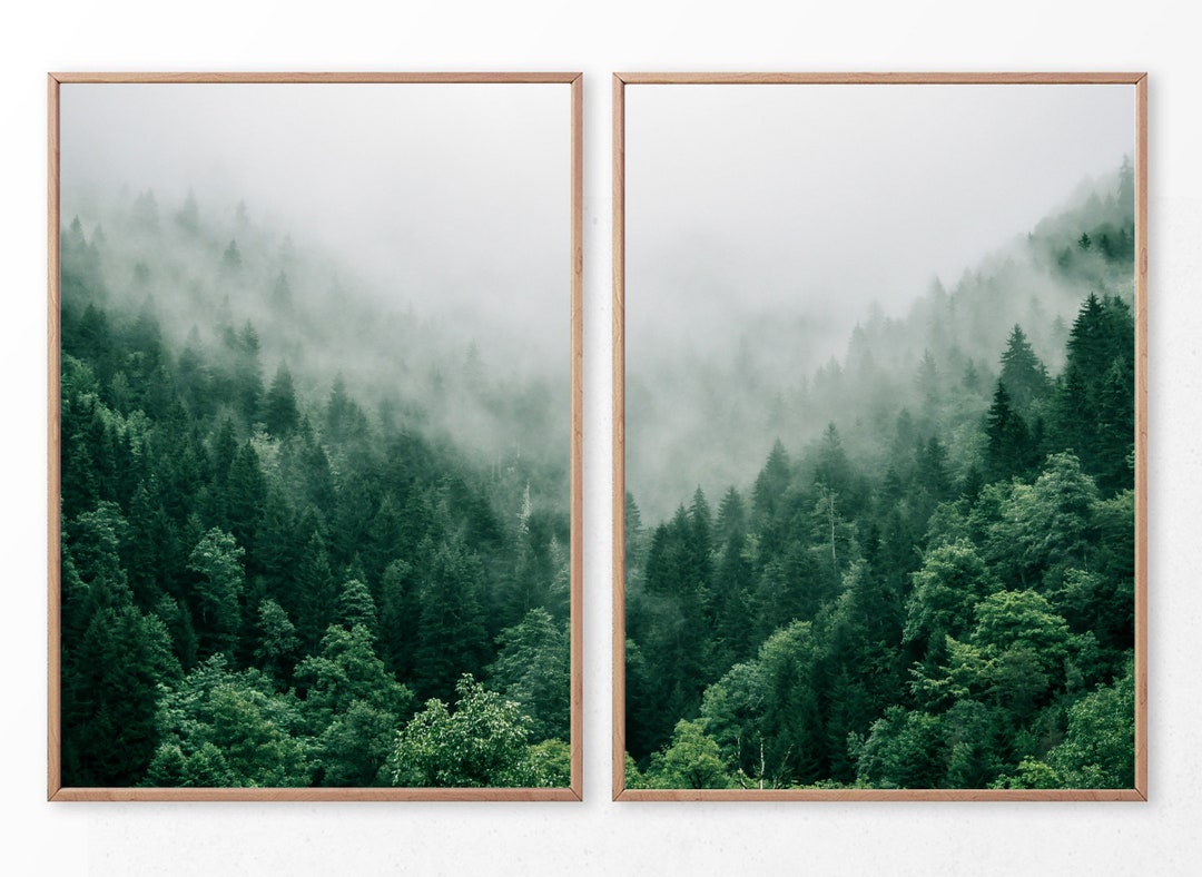 Pine Tree Forest Wall Art Set of 2, Foggy Mountain Printable, 2 Pieces ...