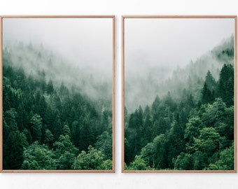 Pine Tree Forest Wall Art Set of 2, Foggy Mountain Printable, 2 pieces Printable Nature Photography, Misty Forest, Pine Tree Art, Winter Art