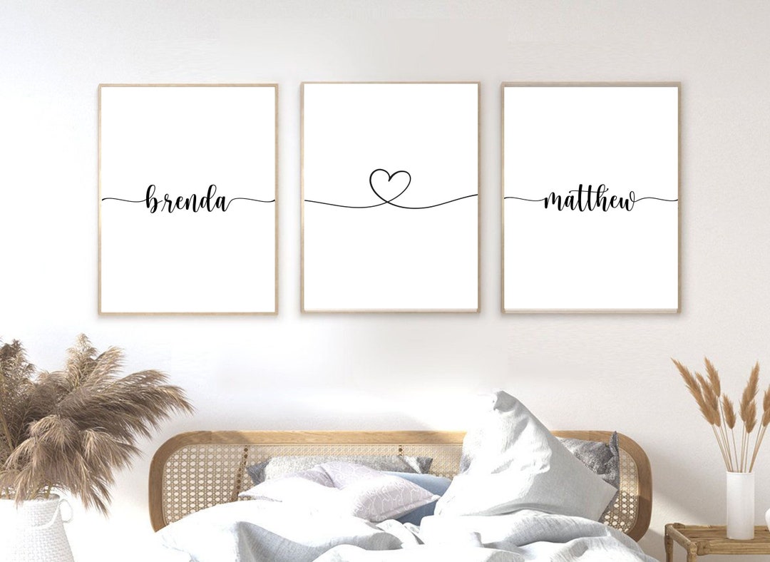 Couple Names Bedroom Wall Art Set of 3, Printable Bedroom Wall Art, Personalised Name, Custom