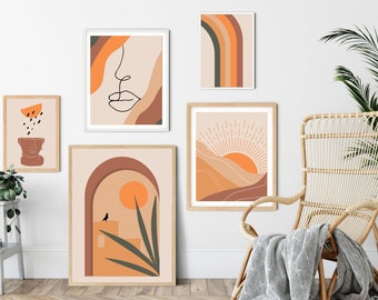 Wall Art Set of 5, Abstract Boho Art Set of 5 Prints Bundle, Terracotta ...