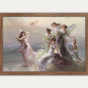 May include: A painting of seven women in flowing white and pastel dresses, with a single cherub flying above them. The women are depicted in a dreamy, ethereal setting, with soft clouds and a light blue sky.