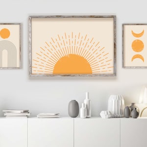 Boho Sun and Rainbow Print Set of 3, Yellow Sun Poster, Sun Wall Decor, Moon Phase Wall Decor, Yellow Wall, Boho Wall Decor Set of 3
