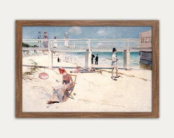 Vintage Beach Painting, Printable Wall Art, Seascape, Vintage Fashion, Vintage Poster, Beach House Decor, Woman reading at the beach