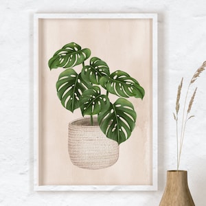 Boho Wall Art, Watercolor Houseplant Paintings, Monstera in a Pot, Green Plant Poster, Botanical Print, Monstera Print, Monstera Deliciosa