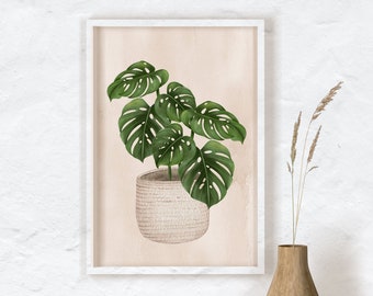 Boho Wall Art, Watercolor Houseplant Paintings, Monstera in a Pot, Green Plant Poster, Botanical Print, Monstera Print, Monstera Deliciosa